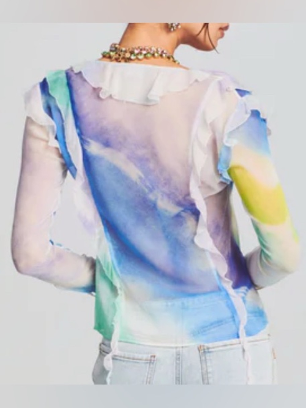 RETROFÊTE AVIVA SILK CHIFFON BLOUSE Watercolor Wave Tie Front Sheer Size L - Picture 2 of 14